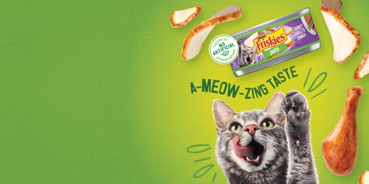 Lata de Friskies con explosión: SIN colorantes ni conservantes artificiales, un gato que quiere el alimento