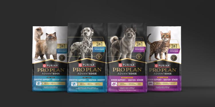 Pro Plan AdvantEDGE Digestive Support+ and Senior Support+ dog and cat food formulas.