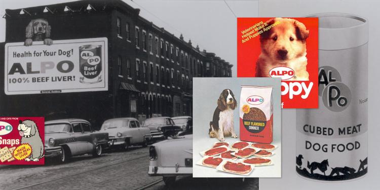 A collage of vintage Alpo Dog Food advertisments.