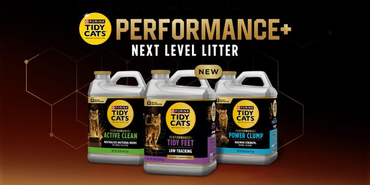 Purina Tidy Cats Performance+ multi-cat clumping litter lineup featuring Active Clean, Tidy Feet, and Power Clump formulas labeled “Next Level Litter