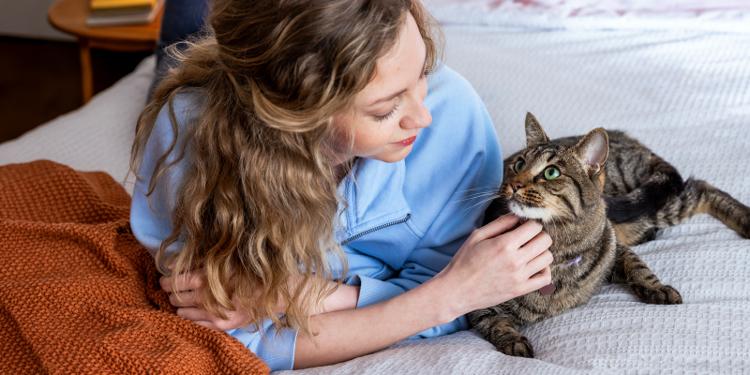 Woman lying in bed with brown cat