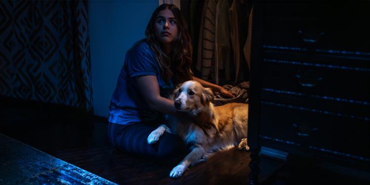 Woman and dog sitting in the closet