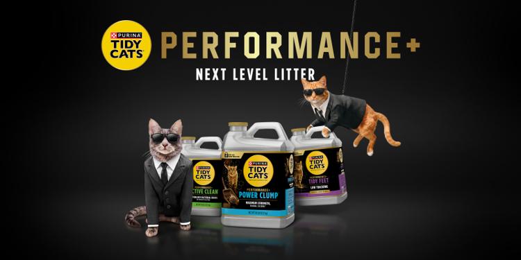 Purina Tidy Cats Performance+ multi-cat clumping litter lineup featuring Active Clean, Tidy Feet, and Power Clump formulas labeled “Next Level Litter