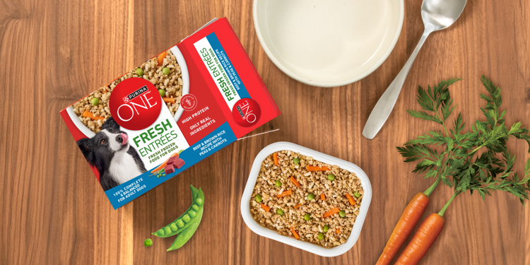 Purina ONE fresh frozen dog food with real meat, carrots and peas.