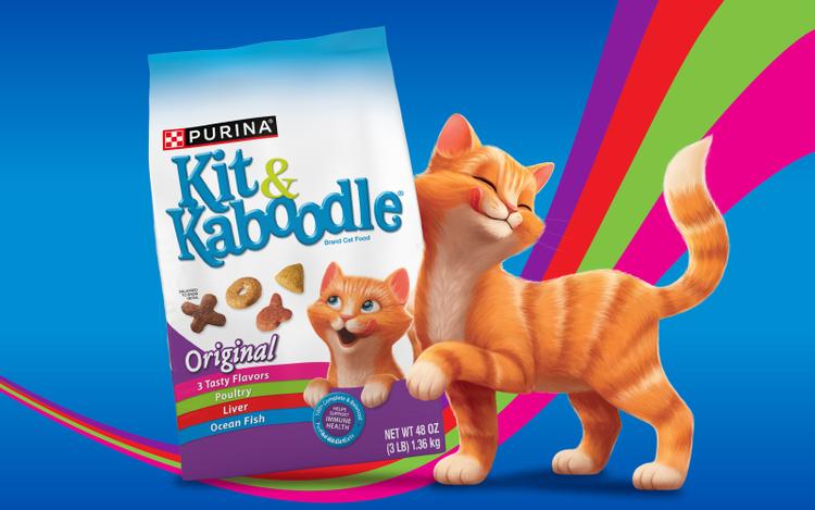 Paquete de comida seca para gatos Kit & Kaboodle Original al lado de un gato con un arcoíris de fondo.
