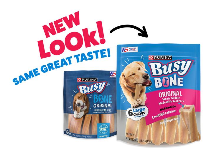 Busy dog treats. New Look, Same Great Taste.