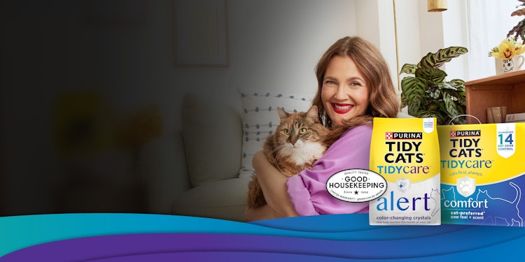 Drew Barrymore holing a cat next to Tidy Cats Tidy Care cat litter