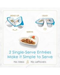 Two break-apart tubs. Two single serve entrees. No mess, no leftovers.