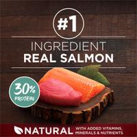 El ingrediente principal es la carne real de salmón. 30 % de proteínas. Productos naturales con vitaminas, minerales y nutrientes adicionales.
