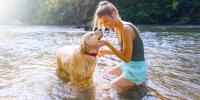 woman and golden retriever playing in a body of water