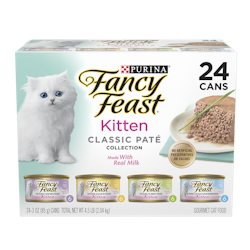Fancy Feast Kitten Classic Paté Salmon, Ocean Whitefish, Turkey & Chicken Variety Pack Wet Kitten Food front of pack
