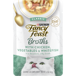 Complemento en caldo de alimento húmedo clásico para gatos Fancy Feast de Purina con pollo, vegetales y pescado blanco