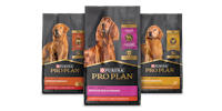 A group of bags of Pro Plan dog food