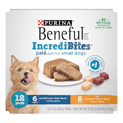 beneful incredibites pate porterhouse steak and chicken bacon flavors twelve count variety pack wet small dog food