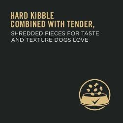 Hard kibble combined with tender, shredded pieces for taste and texture dogs love.
