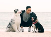 Una mujer con dos perros en una playa