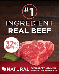 La carne de res de verdad es el ingrediente principal. 32 % de proteína. Productos naturales con vitaminas, minerales y nutrientes adicionales.