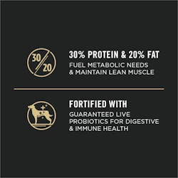 30 percent protein and 20 percent fat, fortified with guaranteed live probiotics