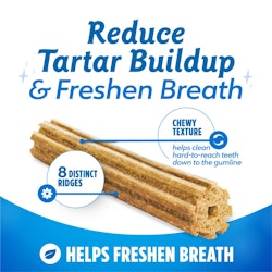 Reduce tartar buildup & helps freshen breath. 8 distinct ridges. Chewy texture helps clean hard-to-reach teeth down to the gumline.