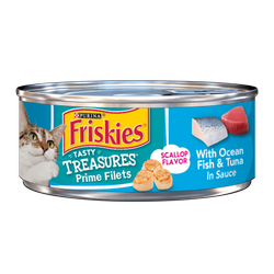 Alimento húmedo para gatos Friskies tesoros sabrosos sabor a vieiras con pescado marino y atún en salsa