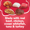 Elaborado con carne real de res, pollo, pescado blanco , atún y pavo