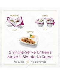 Two break-apart tubs. Two single serve entrees. No mess, no leftovers.