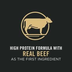 Fórmula rica en proteínas, cuyo ingrediente principal es la carne real de res.