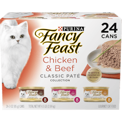 Paquete surtido de 24 latas de alimento húmedo para gatos Fancy Feast colección sabor a paté clásico de pollo y res