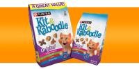 Kit & Kaboodle dry cat food bags on an orange background.