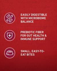 Bocados fáciles de masticar y de digerir que equilibran el microbioma, ya que incorpora fibra prebiótica para favorecer la salud intestinal y el sistema inmunitario