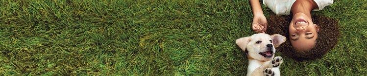 girl and dog laying in grass