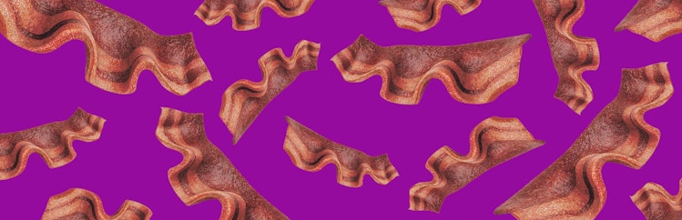 Purina Beggin' bacon dog treats on purple background
