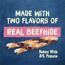 Made with two flavors of real beefhide. Packed with 80% protein.