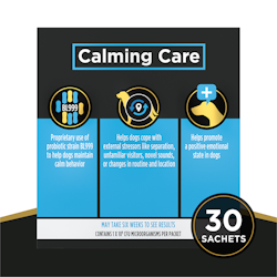 Calming Care. Proprietary use of probiotic strain BL999 to help dogs maintain calm behavior. Helps dogs cope with external stressors like separation, unfamiliar visitors, novel sounds or changes in routine and location. Helps promote a positive emotional state in dogs. May take six weeks to see results. Contains 1 x 10 to the 9th CFU microorganisms per packet. 30 sachets.
