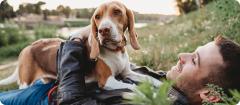 man lying in grass with dog on chest