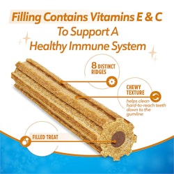 Filling contains vitamins E & C to support a healthy immune system. Filled treat, eight distinct ridges, chewy texture helps clean hard-to-reach teeth down to the gumline.