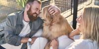 Dos dueños sonriendo y abrazando a un perro en un sofá