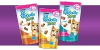 Kit & Kaboodle cat treats bags on a purple background.
