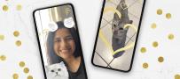 Two cell phones, one with a cat and one with a woman, using the Fancy Feast Filter