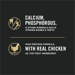 Fósforo de calcio y otros minerales. Fórmula rica en proteínas con carne real de pollo