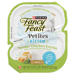 Purina Fancy Feast Petites Tender Chicken Entrée Paté Gourmet Wet Kitten Food front of package