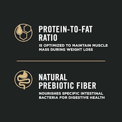 Protein-to-fat ratio is optimized to maintain muscle mass during weight loss. Natural prebiotic fiber, nourishes specific intestinal bacteria for digestive health.