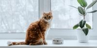 Cat in front of a window with food dish