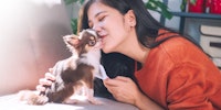 owner kissing small puppy