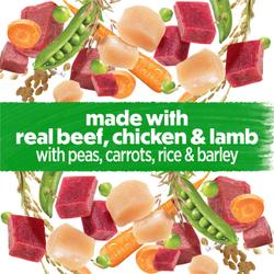made with real beef and chicken and lamb with peas, carrots, rice and barley
