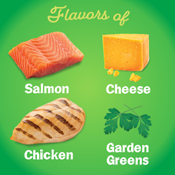 Salmon cheese chicken and garden greens key ingredients
