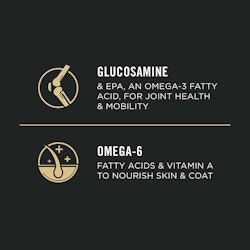 Glucosamine & EPA, an Omega-3 fatty acid, for joint health & mobility. Omega-6 fatty acids & vitamin A to nourish skin & coat.