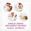 Fancy Feast Gems single-serve decadent entrée serving instructions for no mess or leftovers. 1: Peel. 2: Flip. 3: Pinch. 4: Serve.