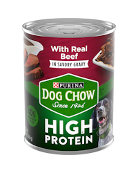 Dog chow high protein wet food in savory gravy with beef