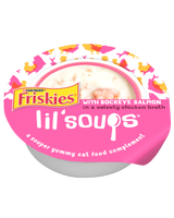 Complemento y Topper de alimento para gatos Friskies Lil' Soups With Sockeye Salmon in a Velvety Chicken Broth 